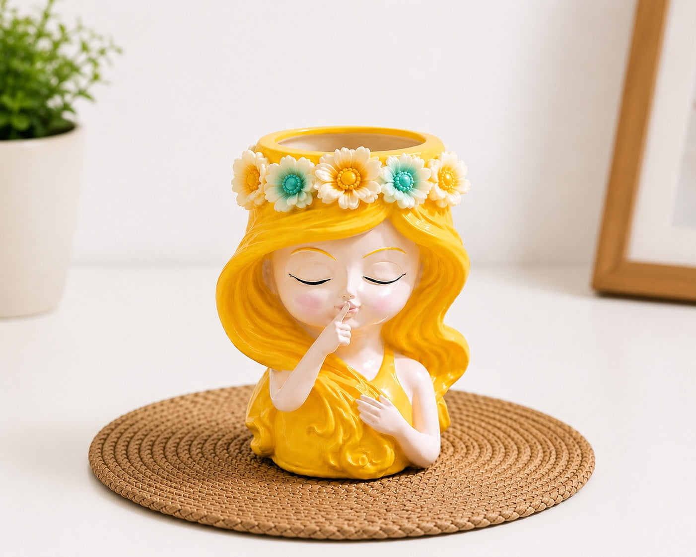 Cute Girl Yellow l Resin Planter | Mini Decorative Plant Pot 10cm