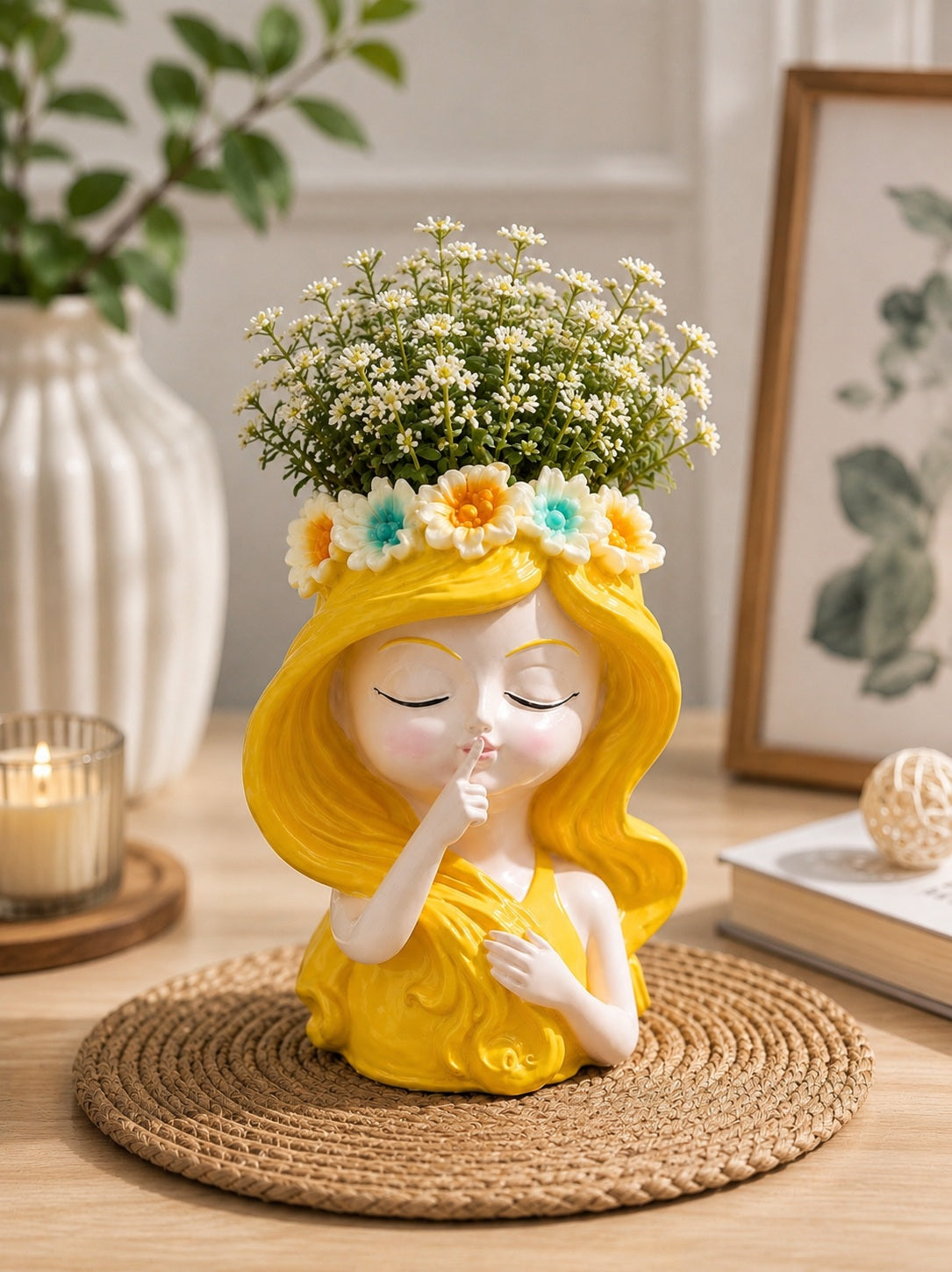 Cute Girl Yellow l Resin Planter | Mini Decorative Plant Pot 10cm
